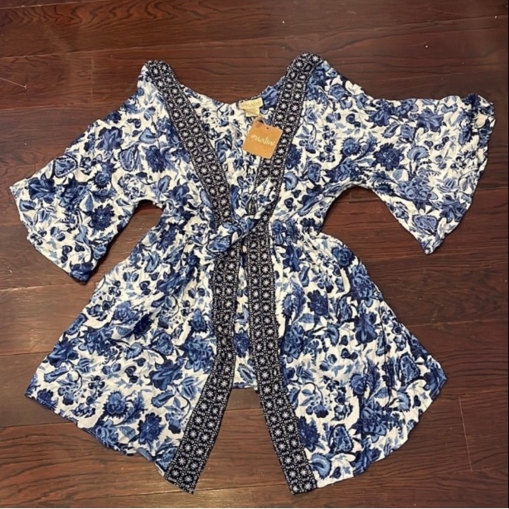 NALINI Top Kimono Rayon Blue White Floral Print Tie Front Size Medium One Size